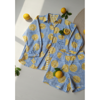Ensemble short femme Amalfi Citrus XS 2 pièces, col nœud, tenue d'été, hauts et bas à manches longues, longueur genou, 100% coton Oxford