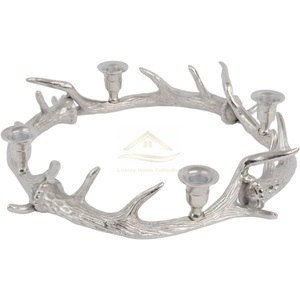 Conception de bois de cerf forme ronde guirlande conception bougeoir 3 en 1 couleur argent aluminium fonte bougie nickelé fournitures de l'inde - Product Image 1