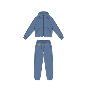 Survêtement pour filles avec détails surpiqués, en mélange de coton, haut à capuche zippé et bas de jogging à cordon de serrage, faible MOQ, prix d'usine - Product Image 4