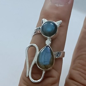 Handmade 925 Sterling Silver <b>Cat</b> <b>Ring</b> with Natural Labradorite Gemstone Bezel Setting Elegant Gift for Women - Product Image 2