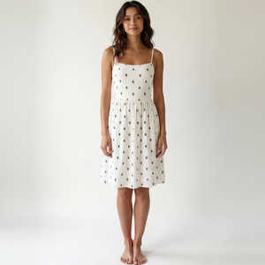 Vestido de Algodón con Cuello Cuadrado, Color Beige, Corte en A, Cintura Elástica, Estampado de Hojas, Diseño Personalizado, Estilo de Manga Abullonada, Talla Única, para Fiestas Formales y Festividades - Product Image 1