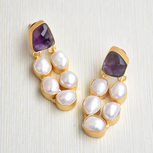 Boucles d'oreilles en laiton de qualité supérieure, plaquées or, avec perles et pierres organiques, texture laiton mat, sans nickel, durables, export en gros - Product Image 2