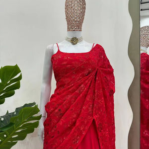 Hermoso Sari Lehenga de piel sintética listo para usar con hilo y secuencias estilo de fiesta para mujeres todas las estaciones FABZONE - Product Image 1