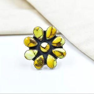 แหวนแบบปรับได้ทำด้วยมือสำหรับผู้หญิงที่มีดีไซน์โบฮีเมียนน้ำผึ้งสีเทอร์ควอยซ์และสีเงินสเตอร์ลิงลายดอกไม้ - Product Image 1