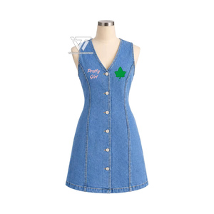 Vente en gros Alpha grec |   Kapa |   Vêtements de la sororité Alpha, robe en jean mini sans manches brodée, veste longue en jean - Product Image 1