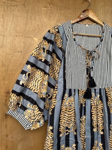 Vestido Hippie bohemio de verano para mujeres y niñas, estampado de bloque de algodón, cuello profundo, Midi, Mini longitud, cierre de cuerda Natural suelto para - Product Image 3