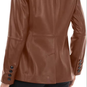 Women's Long Sleeve Lambskin Leather Jacket <b>Button</b> Front Casual Style <b>Blazer</b> Nylon Lining Cotton Filling for Autumn Winter - Product Image 4