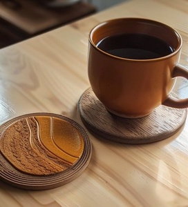 Wholesale Round Walnut Wooden Coasters & Tea/Coffee Cup Mat <b>Set</b> Cute Design with Tabletop Protection Sublimation Friendly - Product Image 2
