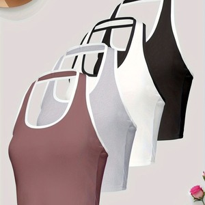 Paquete de 4 camisetas sin mangas de Color sólido con estampado de logotipo personalizado para mujer, talla XS, cuello Halter, chaleco informal para gimnasio, Yoga, tela tejida con ribete en contraste - Product Image 6