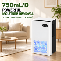 Déshumidificateur électrique domestique, réservoir 2L, 750ml/jour, technologie double Peltier, silencieux, arrêt automatique, usage domestique, couverture 300-799 pieds carrés