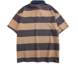 เสื้อโปโลลายทางสำหรับผู้ชายเสื้อโปโลผ้าฝ้ายสีเขียวสีขาวชุดคู่ลำลองทรงหลวมเสื้อโปโลคอตัดกันแนววินเทจ - Product Image 2