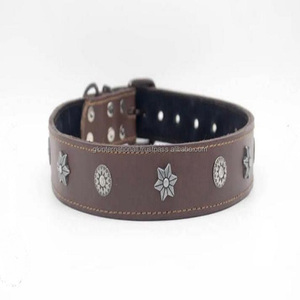 100% collier de chien en cuir véritable pleine fleur avec rembourrage doux, clous décoratifs étoile et fleur cousus avec collier en argent - Product Image 4
