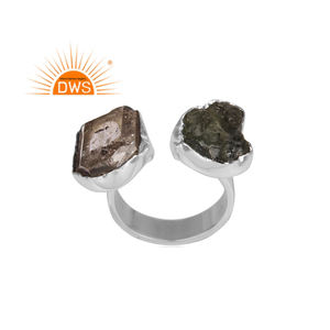 Anillo ajustable de diamante Herkimer y moldavita en bruto natural de plata de ley fina superventas, fabricante de joyería personalizada - Product Image 1