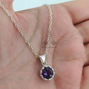 Handmade Dainty Amethyst 8mm 925 Sterling <b>Silver</b> Pendant Chain <b>Necklace</b> Bezel Setting Gemstone Locket Women's Birthday - Product Image 6
