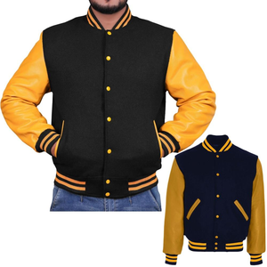 Chaqueta Universitaria de Alta Calidad, Estilo Bomber, Retro, Vintage, Azul Marino, Lana, Mangas de Cuero Dorado, Chaqueta Universitaria Personalizada - Product Image 1