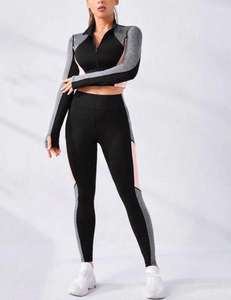 Ensemble de sport 2 pièces Veste à fermeture éclair et legging à manches longues Stretch dans les quatre sens Ensembles de sport de yoga pour femmes - Product Image 3