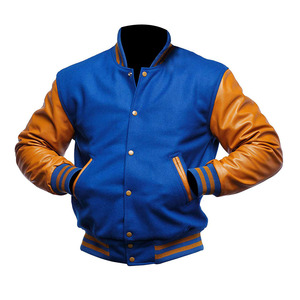 Veste universitaire bleue pour homme avec manches en cuir marron, coupe classique, style décontracté universitaire, col rabattu, design à simple boutonnage - Product Image 1