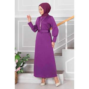 Suzanne <b>Belted</b> Modest <b>Dress</b> in Plum with Intricate Patterns Decoration - Product Image 2