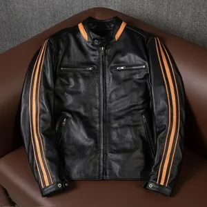 Veste de motard en cuir à fermeture éclair design personnalisé vestes en cuir de vachette véritable veste en cuir de moto pour hommes - Product Image 4
