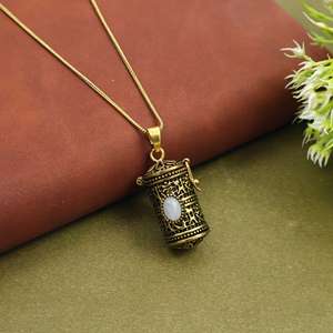 จี้สร้อยคอทรงกระบอกวินเทจ, สร้อยคอกล่องใส่คำอธิษฐานสีทองโบราณ, เครื่องประดับช่องลับสไตล์โบฮีเมียนย้อนยุค - Product Image 4