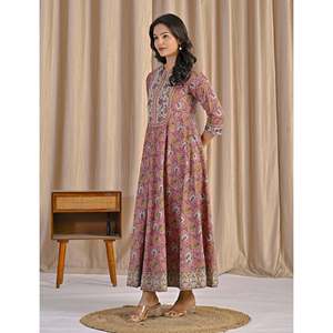 Peach Grey Jaal Hand <b>Block</b> <b>Printed</b> Anarkali Dress Soft Indian Pakistani Salwar Kameez - Product Image 5