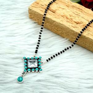 Collar turquesa de Plata de Ley 925 con cuentas negras, collar de regalo con cuentas finas de estilo Mangalsutra indio tradicional - Product Image 1