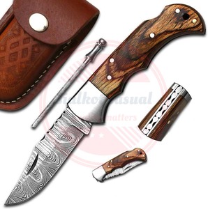 Couteau de poche damas fait main couteau de survie pliant de camping en plein air damas avec gaine en cuir et manche en bois - Product Image 4