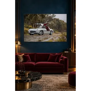 Impression sur toile Fida Silver Mercedes 300 SL avec portes à ailes d'oiseau ouvertes dans la forêt - Product Image 2