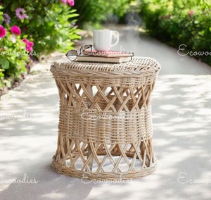 Mobilier de salon personnalisé tabouret de table rond en bambou tressé table d'appoint en rotin console de jardin patio restaurant incrustation d'os - Product Image 4