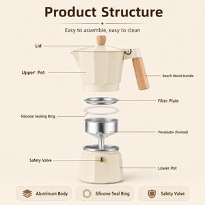 Cafetière Moka en aluminium blanc de style italien pour expresso, avec poignée en bois de hêtre, 150 ml, 300 ml, 450 ml, 600 ml, vente en gros - Product Image 3