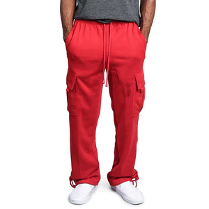 Men's Red Cargo Sweatpants Elastic Waist Drawstring Multiple Pockets Casual Cotton Wide Legs Sweatpants - Product Image 5