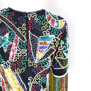 Robe élégante vintage à col rond et longueur thé manches longues gaine perlée motif cristal broderie droite formelle antistatique - Product Image 1