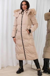 Wholesale Custom Beige OEM <b>Women's</b> Long Puffer <b>Coat</b> With <b>Faux</b> <b>Fur</b> Hood Full Zip Puffer Quilted <b>Women</b> Bubble Winter Down Jacket - Product Image 3