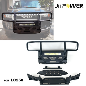 Pare-chocs tout-terrain en acier avec barre lumineuse LED, feux antibrouillard ronds, trou pour caméra, finition texturée noire, protection extérieure pour Toyota Prado LC250 - Product Image 1
