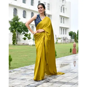 Sari de Seda Satinada Verde Solitario, Ligero, para Fiestas de Verano, Talla Única para Mujer, Corte Holgado, Estilo Elegante - Product Image 3