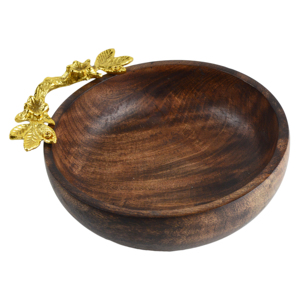 Bol de service en bois et métal de forme ronde au design unique avec poignée dorée fait à la main pour bol de décoration de table à faible coût - Product Image 3
