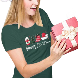 Camiseta de cuello redondo con estampado navideño a precio de fábrica para mujer, estilo occidental transpirable, 100% poliéster, venta al por mayor - Product Image 5