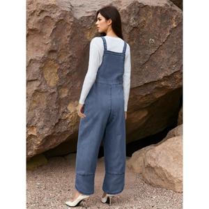 Salopette en jean taille haute pour femme Paola Riboni, coupe large, décontractée, délavée, idéale pour l'été - Product Image 2