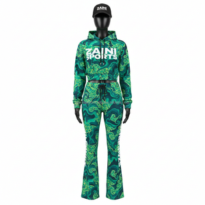 Ensemble de survêtement pour femmes en polyester et élasthanne mélangés, 280 GSM, vert imprimé, sweat à capuche court, pantalon évasé, logo par transfert thermique, survêtements grande taille - Product Image 6