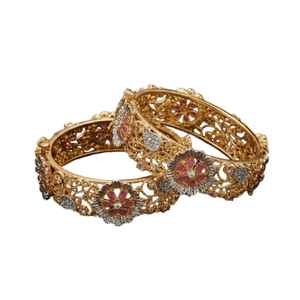 Premium Quality Silver/Gold Plated Brass Indian Ethnic Flower Design Wedding Bridal Bangles Sets Trendy Fashion Pearl Churiyan - Product Image 1