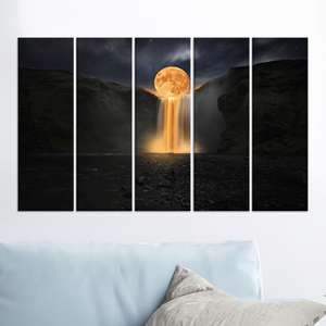Impression sur toile Cascade au clair de lune : Art mural paysager fantastique, lot de 5 toiles - Product Image 1