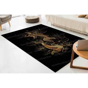 Tapis imprimé avec des symboles spirituels asiatiques : moderne, carpes koï, lotus, noir, tapis gobelin - Product Image 2