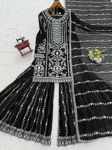 Ensemble Sharara Gharara Kurti en broderie indienne, tissu Georgette, pour occasions spéciales, fête, vêtements ethniques personnalisés - Product Image 6