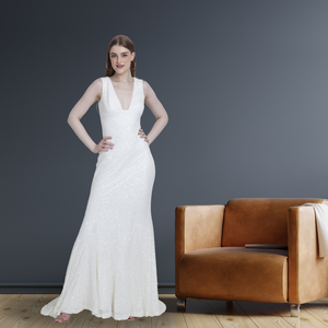 Vestido de noche con cuentas a mano y acabado elegante superior con cuello en V sin mangas, aspecto brillante, perfecto para eventos de ceremonia y espectáculo - Product Image 1