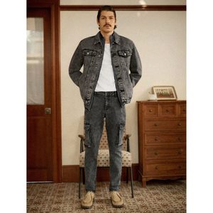 Jean cargo en denim gris anthracite pour homme, style rétro vintage, 100% coton, multipoches, respirant, écologique, tendance - Product Image 2
