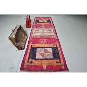 Vintage Turkish Rug, 3.4x11.7 ft <b>Runner</b> Rug, <b>Red</b> Blue Check Wool Rug - Product Image 1