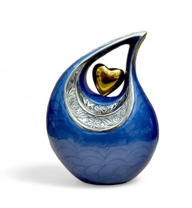 Urna Funeraria Azul Grabada con Corazón Dorado para Cenizas Humanas, Urna Conmemorativa de 10 Pulgadas con Capacidad para hasta 200 Libras - Product Image 1