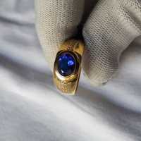 Bague de fiançailles en argent sterling plaqué or 18 carats, saphir bleu taille ovale, faite à la main, style vintage indien, sertie à griffes, troisième partie