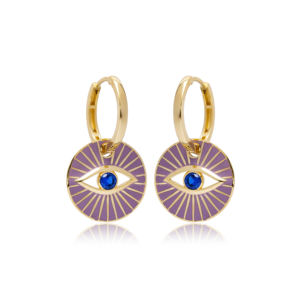 Pendientes de ojo de zafiro de esmalte púrpura, Pendientes colgantes de diseño, joyería de plata de ley 925 al por mayor turca - Product Image 2