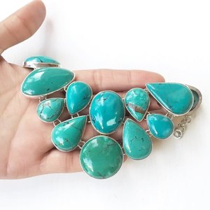 Turquoise 925 Sterling <b>Silver</b> <b>Necklace</b> Jewelry, Fashion Newest <b>Silver</b> Gemstone Cluster Squash Blossom Turquoise <b>Necklace</b> - Product Image 4